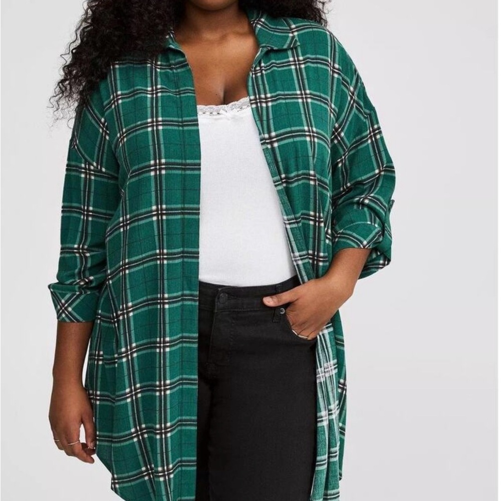 Torrid Oversized Kimono - Green Plaid Button-Up